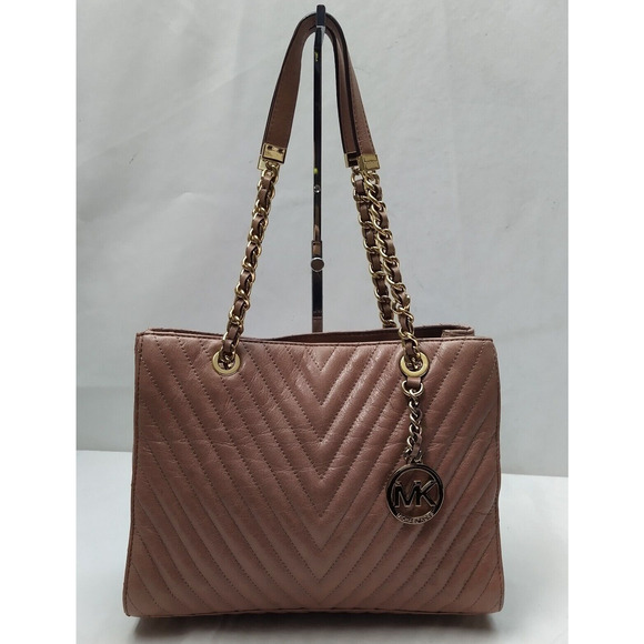 Michael Kors Brown Leather Chevron Quilted Chain Straps Shoulder Bag - Picture 1 of 13